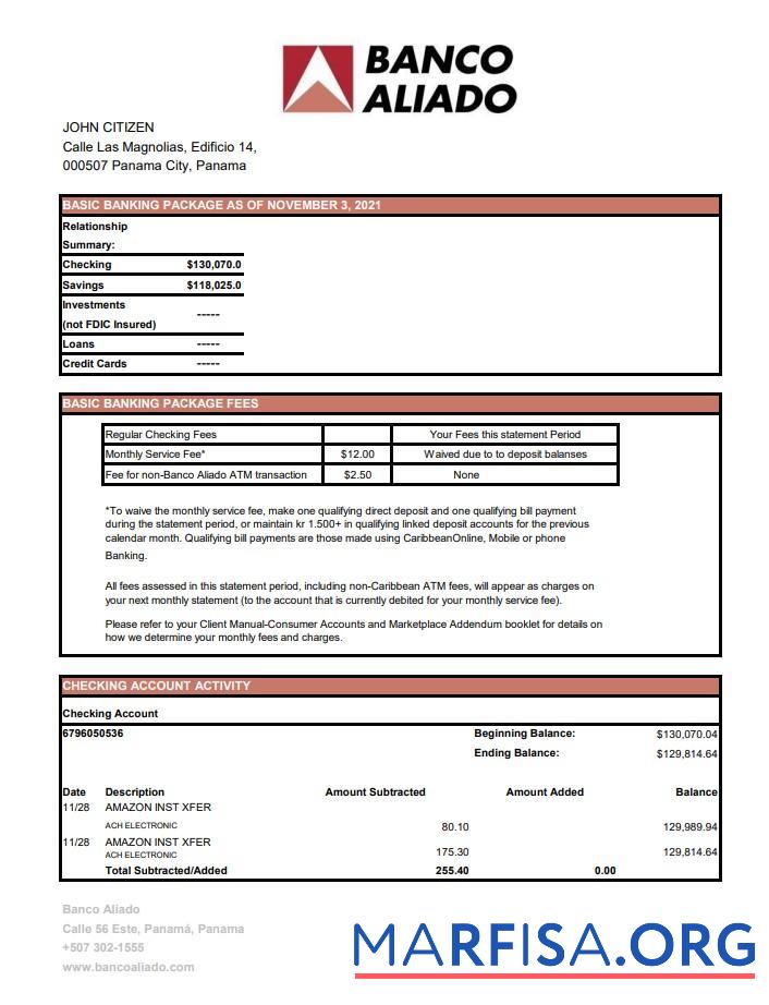 Printable Panama Banco Aliado bank statement excel download for verification
